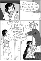 1boy 2d 2girls art black_and_white black_and_white_drawing cloud_strife comic comic_page dialogue dialogue_box final_fantasy final_fantasy_vii kiahl long_hair penis short_hair stealth_sex story tagme text tifa_lockhart video_games