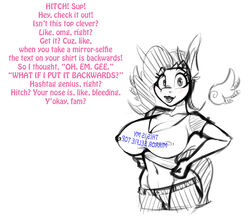 1girls a_new_generation anthro big_breasts blush breasts cleavage dialogue female hasbro jrvanesbroek lipstick looking_at_viewer mlp_g5 monochrome my_little_pony nipple_bulge oblivious pipp_petals_(mlp) sketch solo t-shirt text wings