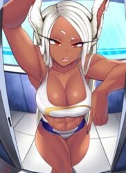 1girls 2021 abs absurd_res artist_name big_breasts breasts bunny_ears castell cleavage eye_contact female high_resolution large_breasts long_hair looking_at_viewer minishorts miruko my_hero_academia navel red_eyes rumi_usagiyama solo sports_bra standing thick_thighs thighs white_hair