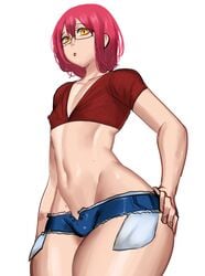 1boy belly booty_shorts erect_nipples erect_nipples_under_clothes femboy glasses gowther green_(artist) hand_on_hip male male_only nanatsu_no_taizai pink_hair short_shorts solo the_seven_deadly_sins thin_waist wide_hips