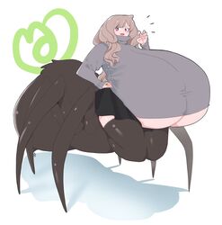 blush brown_hair curly_hair huge_breasts hyper hyper_breasts moimoikha monster_girl red_eyes spider_girl tagme thick_thighs thighhighs