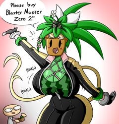 big_breasts blaster_master blaster_master_zero_2 blush breasts eyelashes female flower flower_pot glasses green_hair kanna_(blaster_master) larger_female mob_face money plantie rakkuguy simple_background size_difference smaller_male smile smiling thick_thighs watermelon