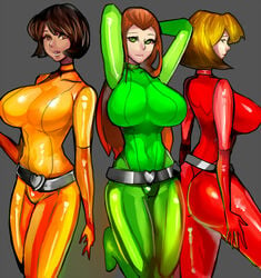 3_bodysuits 3girls alex_(totally_spies) black_hair blonde_hair blue_eyes bodysuit brown_eyes clover_(totally_spies) dark_skin female female_focus female_only full_body_suit green_eyes group human large_breasts multiple_girls pale_skin pre-transformation red_hair sam_(totally_spies) totally_spies transformation trio zxc