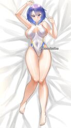 alternate_costume blue_eyes blue_hair blue_swimsuit breasts catria_(fire_emblem) dakimakura_design fire_emblem fire_emblem_echoes:_shadows_of_valentia genm7 looking_at_viewer medium_hair on_back on_bed one-piece_swimsuit smile swimsuit white_swimsuit wide_hips