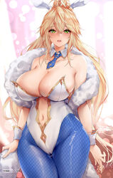 1girls 2021 ahoge animal_ears artoria_pendragon artoria_pendragon_(swimsuit_ruler) bangs bare_shoulders blonde_hair blue_legwear blue_neckwear blush braid breasts bunny_ears cleavage clothing_cutout detached_collar eyebrows_visible_through_hair fate/grand_order fate_(series) feather_boa female female_focus female_only fishnet_legwear fishnets french_braid green_eyes hair_between_eyes highleg highleg_leotard highres large_breasts leotard long_hair looking_at_viewer navel navel_cutout necktie playboy_bunny ponytail rabbit_ears sidelocks solo solo_female solo_focus thighs tiara toyoman white_leotard wrist_cuffs