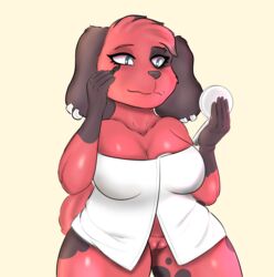 animal_crossing anthro applying_makeup breasts canid canine canis cherry_(animal_crossing) domestic_dog ear_piercing female frostyphox genitals jewelry makeup mammal nintendo personal_grooming piercing pussy simple_background slightly_chubby solo towel towel_wrap video_games