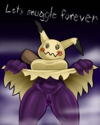 anthro big_breasts bottomless bottomwear breasts clothed clothing clothing_lift female fog genitals hi_res looking_at_viewer low-angle_view mimikyu nintendo pokémon_(species) pokemon pussy skirt skirt_lift sleepiitreat solo video_games