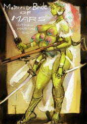 4_arms a_princess_of_mars barsoom breasts bride green_martian green_skin gun horns multi_arm multi_breast multi_limb nipple_piercing pregnant sola sword ukatsu_juuzou veil weapon