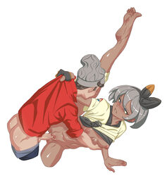 1boy absurdres ass bangs barefoot bea_(pokemon) beanie biting biting_lip bow_hairband breasts cable_knit clothes_pull commentary_request creatures_(company) dark-skinned_female dark_skin feet female game_freak gloves grey_eyes grey_hair grey_headwear hairband hat highres knee_pads leg_up monster_frog nintendo nipples pants pants_pull parted_lips partially_fingerless_gloves penis pokemon pokemon_(game) pokemon_ss pussy red_shirt sex shiny shiny_hair shiny_skin shirt short_hair short_sleeves sleeves_rolled_up soles spread_legs straight toes vaginal_penetration victor_(pokemon) yellow_shirt