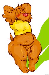 2021 absurd_res anthro ass balls big_butt blush bottomless brown_body brown_fur canid canine canis chocapic clothed clothing crop_top digital_media_(artwork) domestic_dog flaccid foreskin fur genitals hands_behind_head hi_res holidaydipstick humanoid_genitalia humanoid_penis looking_at_viewer male male_focus male_only mammal nestle obese open_mouth overweight partially_clothed penis pico_(chocapic) red_nose shaded shirt solo solo_male standing stretch_marks t-shirt thick_thighs topwear uncut