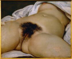 1girls areolae bed breasts female female_only fine_art gustave_courbet hairy_pussy human l'origine_du_monde navel nipples painting_(artwork) pubic_hair public_domain pussy solo straight_hair thick_thighs thighs traditional_media_(artwork) vagina