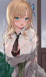 big_breasts blonde_hair blue_eyes blush boku_wa_tomodachi_ga_sukunai bra breasts butterfly_hair_ornament hizuki_higure hizukis_ lace open_shirt raining see-through see-through_clothing sena_kashiwazaki soaked_clothes tight_clothing wet wet_clothes