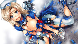 alternate_hairstyle armband bangs beret between_legs blonde_hair blue_bodysuit blue_eyes blue_wings bodysuit breasts combat_medic_ziegler damaged distress eyebrows_visible_through_hair female gen_(genetrix) grey_background hand_between_legs hat large_breasts looking_at_viewer mechanical_wings medium_hair mercy official_alternate_costume on_ground open_mouth overwatch pantyhose pouch solo torn_bodysuit torn_clothes torn_legwear white_headwear wings