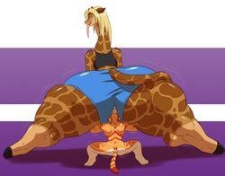 1boy 1girls anthro ass ass_on_face big_ass big_butt blonde_hair blue_eyes butt clothed clothing duo facesitting felid female giraffe giraffid hair huge_ass huge_butt kazecat larger_female male male/female mammal pantherine size_difference smaller_male thick_thighs tiger tongue tongue_out zafta_(kazecat)