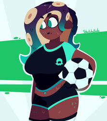 1girls alternate_costume big_breasts female football football_uniform marina_(splatoon) navel_piercing nintendo soccer soccer_uniform solo splatoon splatoon_2 sweat tagme thesketchyside