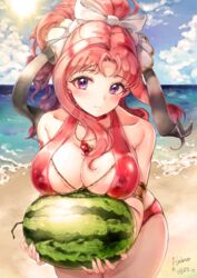 akino_(princess_connect!) beach big_breasts bikini blush clouds curly_hair detailed detailed_background eyebrows_visible_through_hair eyelashes hair_ribbon hairbow necklace offering pointy_nails princess_connect! princess_connect!_re:dive purple_eyes red_bikini red_hair semi_pov shiny_bikini shiny_hair signature sun sunlight transparent_bikini watermelon