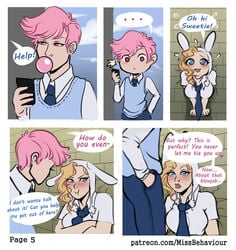 1boy 1girls adventure_time blonde_hair blue_eyes bunny_ears comic english_text fionna_the_human_girl flower glory_hole lips lipstick missbehaviour page_5 panties prince_gumball school_uniform schoolgirl short_skirt speech_bubble stuck stuck_in_wall thick_thighs thighhighs through_wall