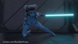 16:9 3d 4k aayla_secura absurd_res alien alien_girl alien_humanoid alternate_version_at_source alternate_version_available areolae blender blue_skin breasts brown_eyes clone_wars crouching erect_nipples female female_only humanoid large_breasts lekku lightsaber looking_at_viewer nipples nude nude_female raedainfossa solo star_wars twi'lek watermark widescreen