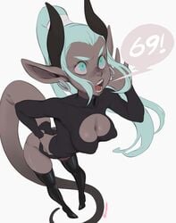 angry animal_ears annoyed aqua_hair beauty_mark bending_forward bending_over big_ears big_eyes big_head black_horns black_legwear blue_hair boots breasts clothed curved_horns cute cyan_eyes cyan_hair dark dark-skinned_female dark_skin demon demon_girl ear_piercing fangs female green_hair hand_on_hip high_angle high_ponytail horns latex latex_legwear long_ponytail long_tail matching_hair/eyes medium_breasts mole mole_on_cheek neoteny nipple_bulge nose olive_skin ortamaw perspective pigeon-toed ponytail prehensile_tail sidelocks skin skindentation solo solo_female speech_bubble standing stockings tail teal_hair thick_tail thigh_gap thighhigh_boots thighhighs thighs tight_clothing turtleneck turtleneck_sweater twitter_username very_long_tail watermark white_background wide_eyed wide_hips widow's_peak yelling