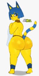 animal_crossing ankha anthro ass ass_focus bare_back bare_legs bare_shoulders barefoot big_ass blue_eyes blue_fur blush bob_cut bottom_heavy bottomless cat cat_ears cat_tail dat_ass egyptian enormous_ass fanart female female_only fringe_hair fur furry furry_only holding_dress huge_ass jay-marvel large_ass light_blush massive_ass nintendo pear_shaped striped_fur striped_tail thick_ass thick_thighs thighs thong thunder_thighs white_background wide_hips yellow_fur