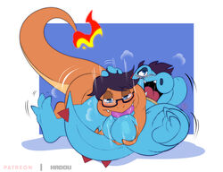 anthro balls big_balls black_hair blue_balls blue_body blush charmander duo eyewear fellatio fire flaming_tail genitals glasses hair hi_res male male/male nintendo nude oral orange_body penile pokémon_(species) pokemon satsui-n0-had0u sex totodile video_games