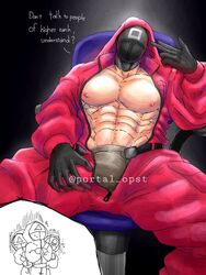 bara boxers color dialogue gay jumpsuit male male_focus male_nipples male_only mask masked masked_male muscular muscular_male netflix no_color pectorals pink_guard portal_opst scared sitting sitting_on_chair square_(squid_game) squid_game suggestive unzipped unzipped_bodysuit