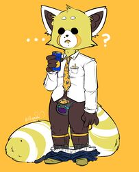 aggressive_retsuko ailurid anthro barely_visible_genitalia beverage bulge clothed clothing confusion fur genitals hi_res male male_only mammal milkomeda-galaxy_(artist) pants_down partially_clothed penis red_body red_fur resasuke sanrio shirt smooth_fur solo stripes topwear yellow_body yellow_fur