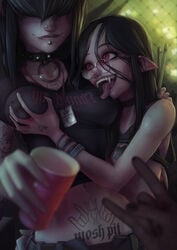 2girls age_difference bangs big_breasts biting_lip black_hair blushing breast_grab choker collarbone crop_top eyes_covered fangs glasses goth horny krakenkatz licking licking_breast long_hair multiple_girls navel navel_piercing nipple_bulge nipples_visible_through_clothing party piercing pink_eyes pointy_ears round_glasses shirt shirt_lift small_breasts smile spiked_collar tattoo vampire yuri