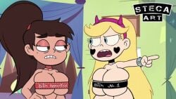 2girls aged_up angry blonde_hair blue_eyes brown_eyes brown_hair bulging_breasts choker cleavage cleavage_overflow dark_skin disney disney_channel edit female female_only hairband hand_on_hip heart_cheeks horns_hairband light_skin long_hair marco_diaz mole mole_under_eye multiple_girls pointing ponytail princess_marcia princess_marco rule_63 screencap screenshot screenshot_edit smooth_skin spiked_bracelet star_butterfly star_vs_the_forces_of_evil steca tagme thelazyart tight_clothing underboob