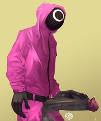 1boy 2021 artist_signature belt big_penis circle_(squid_game) huge_cock jumpsuit male male_only masked monster mostly_clothed netflix penis penis_out pink_guard precum sharp_claws simple_background solo_male squid_game unzipped unzipped_pants veiny_penis xdarkspace