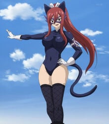 >:d :d animal_ears bangs black_eyes black_leotard blue_socks boots breasts cat_ears cat_tail cloud covered_navel day domino_mask emblem erza_scarlet fairy_tail fairy_woman fake_animal_ears fake_tail female fishnet_legwear fishnet_socks fishnet_thighhighs fishnets gloves hair_between_eyes hair_ribbon high_ponytail highres impossible_clothes impossible_leotard kemonomimi_mode large_breasts legs_together leotard long_hair long_sleeves looking_at_viewer mask open_mouth outdoors outstretched_arm parted_bangs ponytail red_hair ribbon screencap sidelocks skin_tight sky smile socks solo standing stitched tail thigh_boots thigh_socks thighhighs third-party_edit turtleneck v-shaped_eyebrows very_long_hair white_gloves white_ribbon