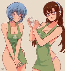 2girls apron blush breasts brown_hair embarrassed female female_human glasses human iced_latte_with_breast_milk large_breasts light-skinned_female light_skin long_hair mari_illustrious_makinami meme multiple_girls naked_apron neon_genesis_evangelion panties rebuild_of_evangelion rei_ayanami rynessart