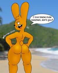 2021 anthro ass beach bedroom_eyes blurred_background dialogue digital_media_(artwork) english_text fur lagomorph leporid looking_at_viewer looking_back lyosha_vilyovich male mammal murontis2001 narrowed_eyes nude nude_beach open_mouth outside photo_background rabbit sand seaside seductive smile solo tagme teeth text thick_thighs tongue watermark