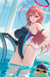 1girls azur_lane big_breasts breasts cirilla_lin duca_degli_abruzzi_(azur_lane) nipple_bulge pink_hair pool red_eyes swimsuit thick_thighs thighs tight_clothing tongue tongue_out water wet