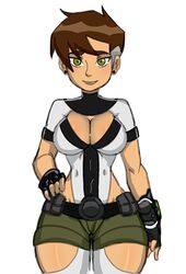 belt ben_10 ben_tennyson big_breasts boob_window brown_hair cartoon_network cleavage cleavage_cutout donchibi earrings female female_ben fingerless_gloves green_eyes hand_on_hip leotard omnitrix rule_63 short_hair shorts thighhighs tomboy toned_female white_background