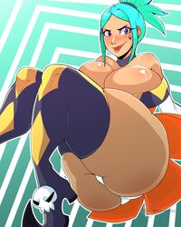 ass blush bluueygooey cerebella cleavage green_hair lab_zero_games large_breasts pantyshot skullgirls thick_thighs thighhighs tongue_out upskirt