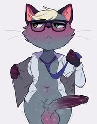 animal_crossing anthro balls big_penis blonde_hair blush bottomless clothed clothing domestic_cat erection eyewear felid feline felis fur furry furry_only genitals glasses grey_body grey_fur hair hi_res huge_cock male male_only mammal navel nintendo penis raymond_(animal_crossing) seniorseasalt simple_background solo topwear undressing video_games