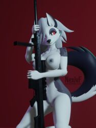 3:4 3d 3d_(artwork) anthro barrett_m82 big_breasts bipod blender_(software) breasts canid canid_demon canine canis demon digital_media_(artwork) female fur genitals grey_body gun hair hellhound helluva_boss hi_res holding_gun holding_object holding_weapon looking_at_viewer loona_(helluva_boss) mammal nexiv_foxclaw nipples nude nude_female pinup pose pussy ranged_weapon red_sclera rifle scope seductive simple_background smile sniper sniper_rifle solo weapon white_body white_eyes white_fur