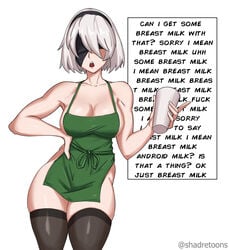 1girls blindfold breasts female female_only headband iced_latte_with_breast_milk light-skinned_female light_skin meme naked_apron nier:_automata partially_clothed shadertoons solo solo_female starbucks text thick_thighs thighhighs white_hair yorha_2b