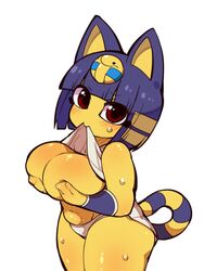 animal_crossing ankha anthro big_breasts blue_hair bodily_fluids breasts brown_eyes clothing cute domestic_cat exposed_breasts felid feline felis female fukurou_(owl222) fur hair hi_res holding_breast looking_at_viewer mammal mouth_hold nintendo panties shortstack solo sweat thick_thighs underwear uraeus video_games yellow_body yellow_fur