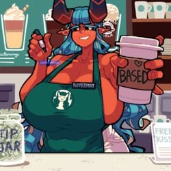 1girls 2021 black_sclera blue_hair cleavage cottonwings demon_girl demon_horns horns huge_breasts iced_latte_with_breast_milk large_breasts massive_breasts meme naked_apron original_character peppermint_(cottonwings) pov red_skin sideboob solo solo_female tagme yellow_eyes