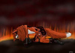 animal_genitalia anthro black_body black_fur blood bodily_fluids burn burn_marks burn_scar burned_alive burning burns canid canine d_kenmason dipstick_tail fire fox fur genitals gloves_(marking) gore hair hell iowa leg_markings long_hair male mammal markings nude on_hands_and_knees orange_body orange_fur ouch pain red_fox scar sheath smoke socks_(marking) solo suffering tail_markings tongue tongue_out white_body white_fur