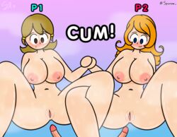 2021 2girls 5-volt breasts excited facial_expression female female_focus huge_breasts logo mario_(series) milf mona_(warioware) multiple_girls nintendo orange_hair shiny_skin spunow_ steam steamy tagme text wario_(series) warioware watermark wet wet_skin