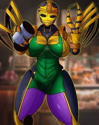 1girls beast_wars big_breasts big_thighs blackarachnia female female_focus female_only iced_latte_with_breast_milk meme robot robot_girl robot_humanoid smile smiling smiling_at_viewer starbucks thick_thighs tr_yithaz transformers yellow_body