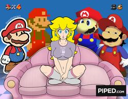 1girls 4boys accurate_art_style breasts casting_couch clothing couch crossed_legs donutinteract female female_penetrated looking_at_viewer male mario mario_(series) meme nervous nintendo paper_mario piper_perri_surrounded princess_peach sitting super_mario_64 super_mario_bros. super_mario_bros._(nes) surrounded the_super_mario_bros._super_show! tshirt white_skin