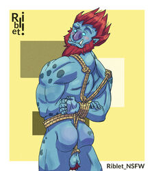 ass bara blue_skin blush bondage confusion league_of_legends male_only mark_shepherd muscles muscular red_hair rope rope_bondage solo solo_male trapped troll trundle