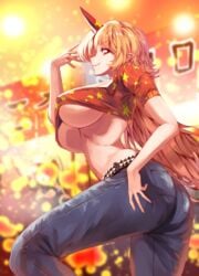 1girls ass bangs blonde_hair blurry blurry_background breasts closed_mouth colored_eyelashes cowboy_shot crop_top dancing denim eyebrows_visible_through_hair festival hand_up hip_focus horns hoshiguma_yuugi huge_breasts leaf_print light_particles lights long_hair looking_at_viewer looking_to_the_side pants parted_bangs pocket pointy_ears red_eyes red_horns red_shirt shiny shiny_clothes shirt sidelocks single_horn smile solo spiked_belt star_(symbol) star_print stomach sunnysideup sunyup_(artist) touhou underboob very_long_hair