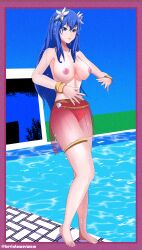 alternate_costume bare_legs barefoot big_breasts bikini blue_eyes blue_hair breasts caeda_(fire_emblem) caeda_(summer)_(fire_emblem) female female_only fire_emblem fire_emblem:_mystery_of_the_emblem fire_emblem:_shadow_dragon_and_the_blade_of_light fire_emblem_heroes flower hair_flower kevin_tower large_breasts long_hair nintendo nipples official_alternate_costume red_bikini red_swimsuit see-through solo solo_female swimming_pool swimsuit topless water wet