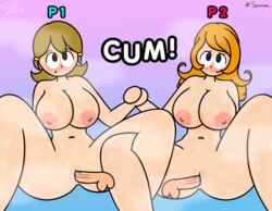 2boys 2girls 5-volt balls blue_eyes breasts brown_eyes brown_hair excited facial_expression female female_focus holding_hands huge_breasts logo long_hair male mario_(series) milf mona_(warioware) nintendo nipples orange_hair orgasm penis pussy sex shiny_skin short_hair smile spread_legs spunow_ steam steamy tagme text uncensored vaginal_penetration wario_(series) warioware watermark wet wet_skin