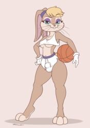 3_toes anthro ball barefoot basketball_(ball) basketball_uniform blonde_hair blue_eyes breasts bulge clothing countershade_feet countershading crop_top feet fur futanari gynomorph hair hi_res intersex lagomorph leporid lola_bunny looking_at_viewer looney_tunes maddworld mammal nipple_outline plantigrade pose rabbit shirt solo space_jam sportswear toes topwear under_boob uniform warner_brothers